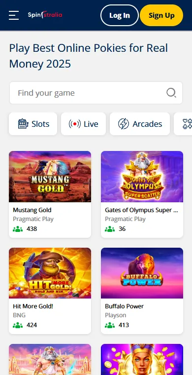 Spinstralia mobile lobby with pokie tiles, game search and category buttons