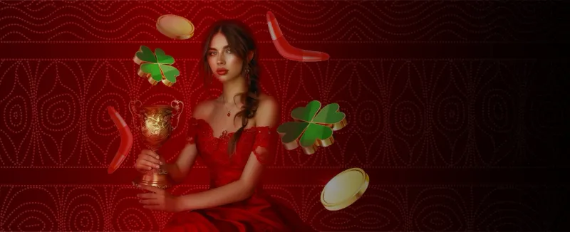 Spinstralia Casino promotions artwork with a trophy cup, gold coins and clovers